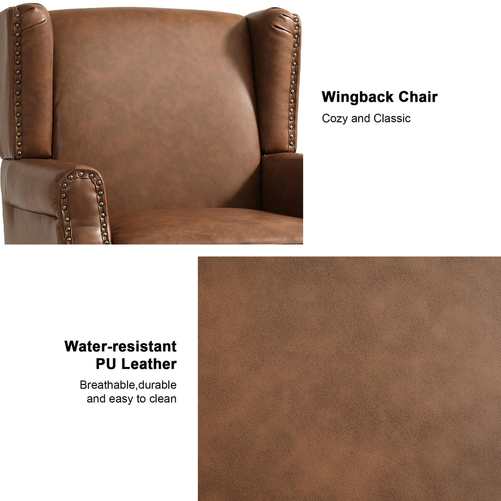Faux Leather Wingback Accent Chair with Wood Legs, Brown, Set of 1