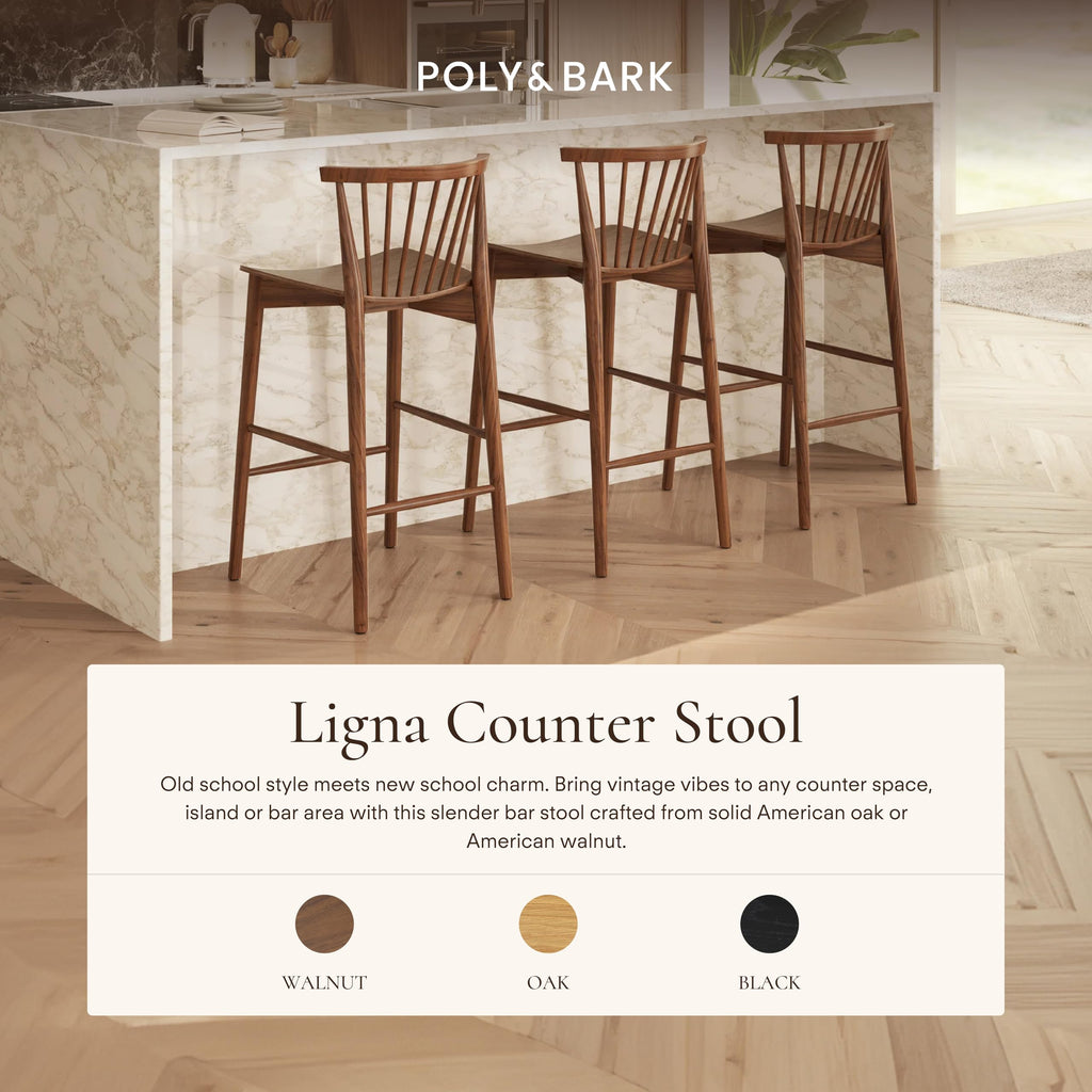 Ligna Counter Stool Walnut - Mid-Century Inspired Stool with Sculpted Spindle Back - Solid American Oak Frame and