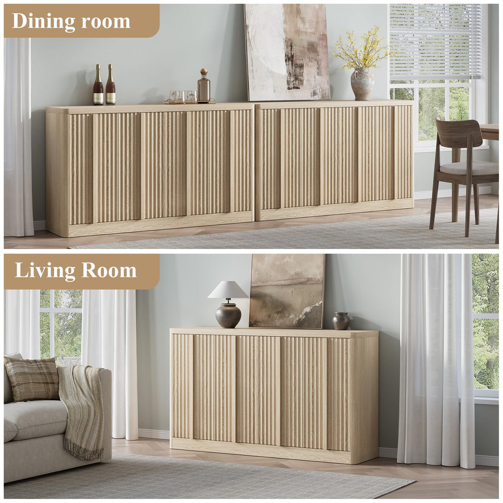 Fluted Buffet Cabinet with Storage, 120" Sideboard Buffet Storage Cabinet with 8 Doors & Adjustable Shelves, Wood