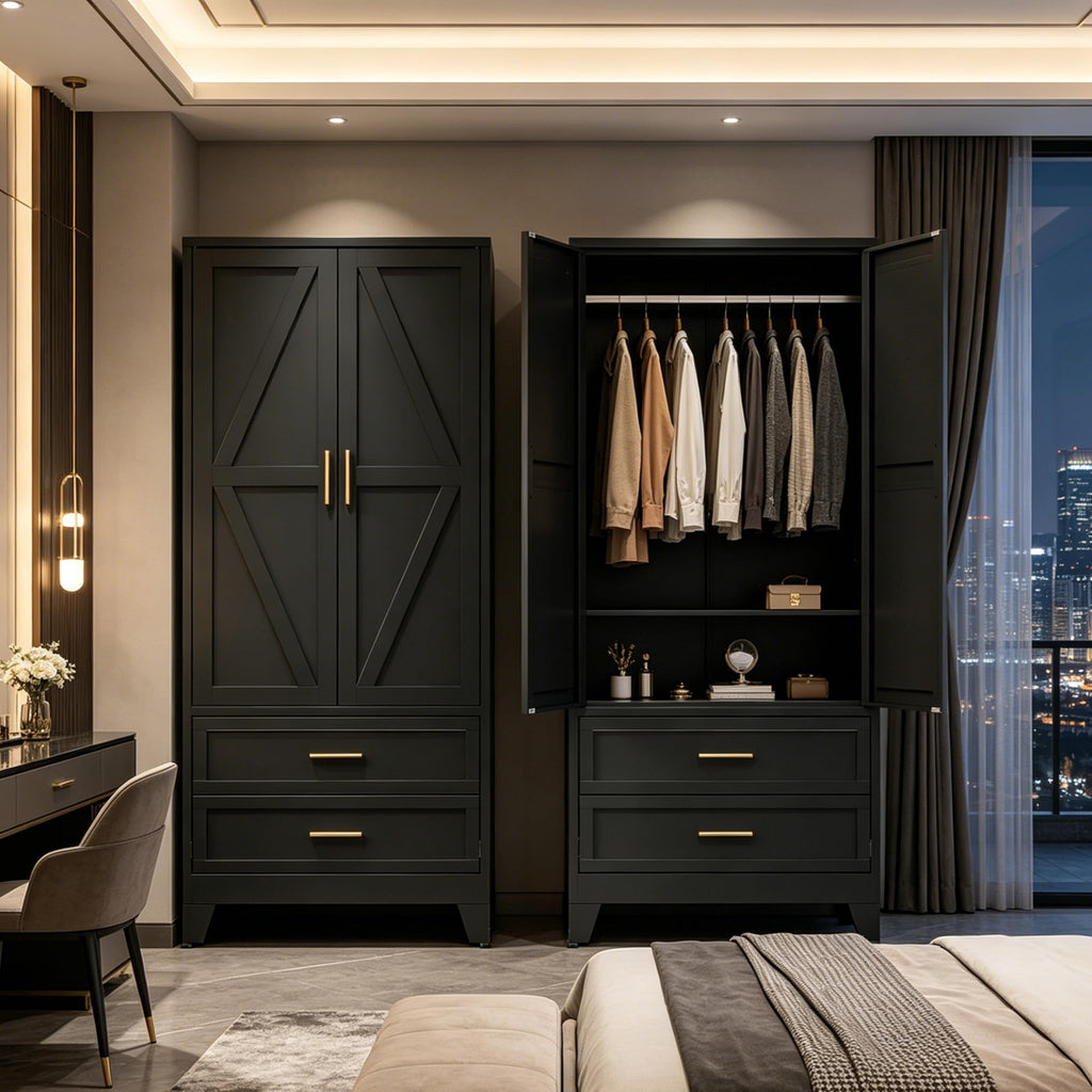 71" H Black Armoire Wardrobe Closet with Drawers, Metal Wardrobe Closet with Doors and Shelves, Tall Wardrobe Closet