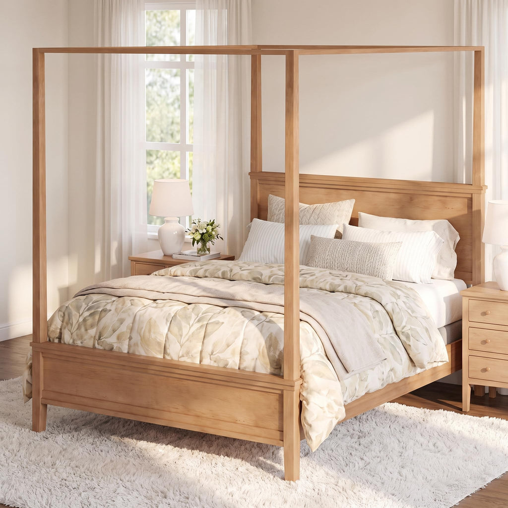 Canopy Bed Frame with Headboard, Wooden 4-Poster Bed