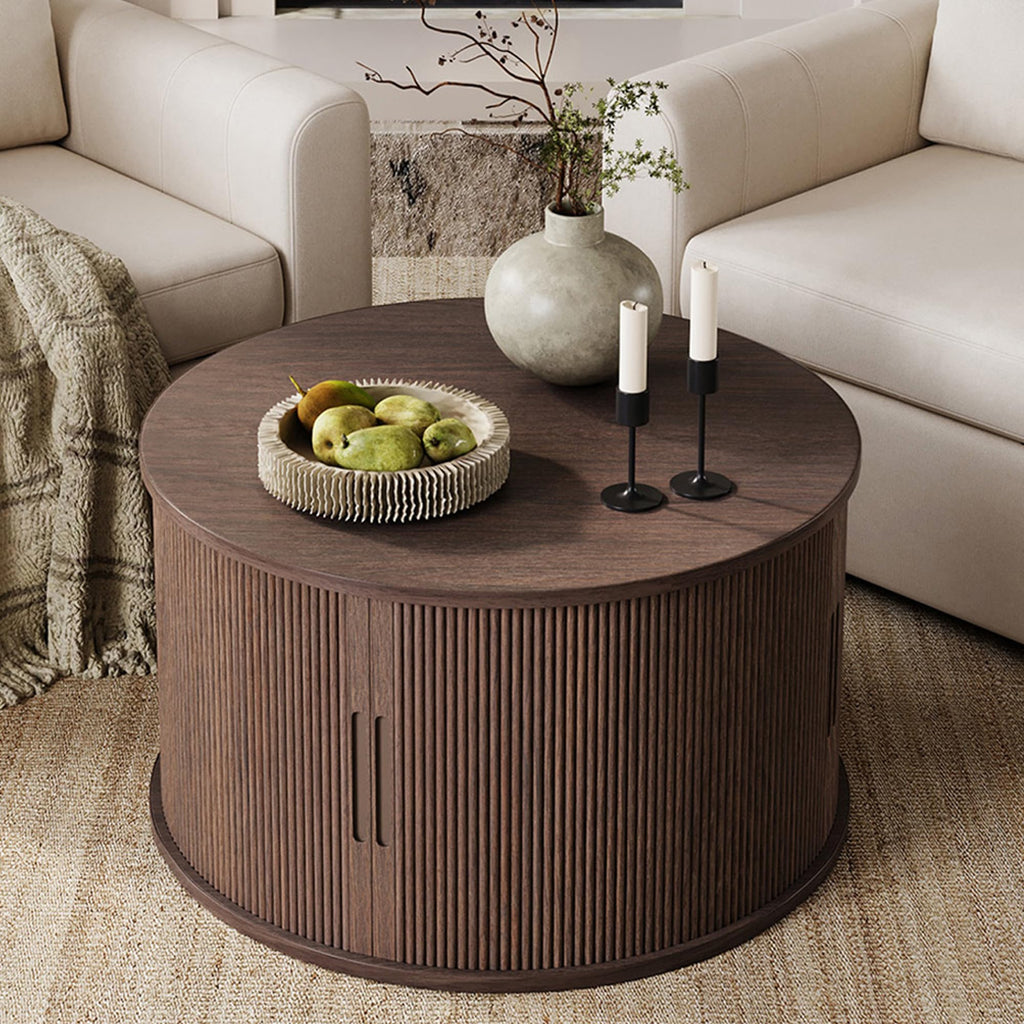 Round Coffee Table, 31.5" Drum Coffee Table with Sliding Tambour Door, Fluted Accent Center Table with Storage, Mid