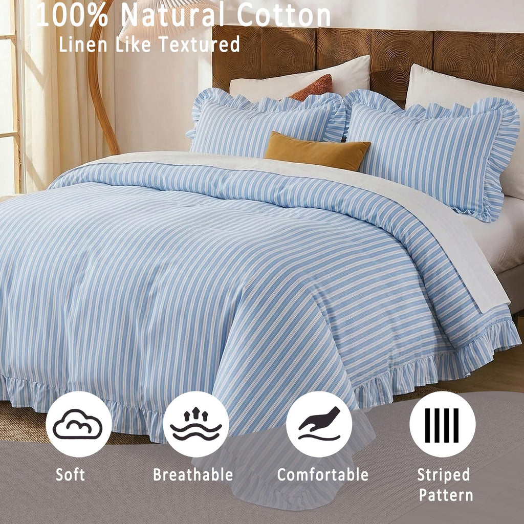 Blue and White Striped Comforter Set, 100% Cotton, Ruffle Trim Comforter Set, Soft Lightweight Breathable