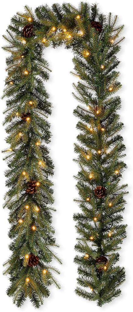 For Mantle, Prelit Greenery Garland Pine Cone Christmas Garland with Warm White LED Lights and Timer for Fireplace
