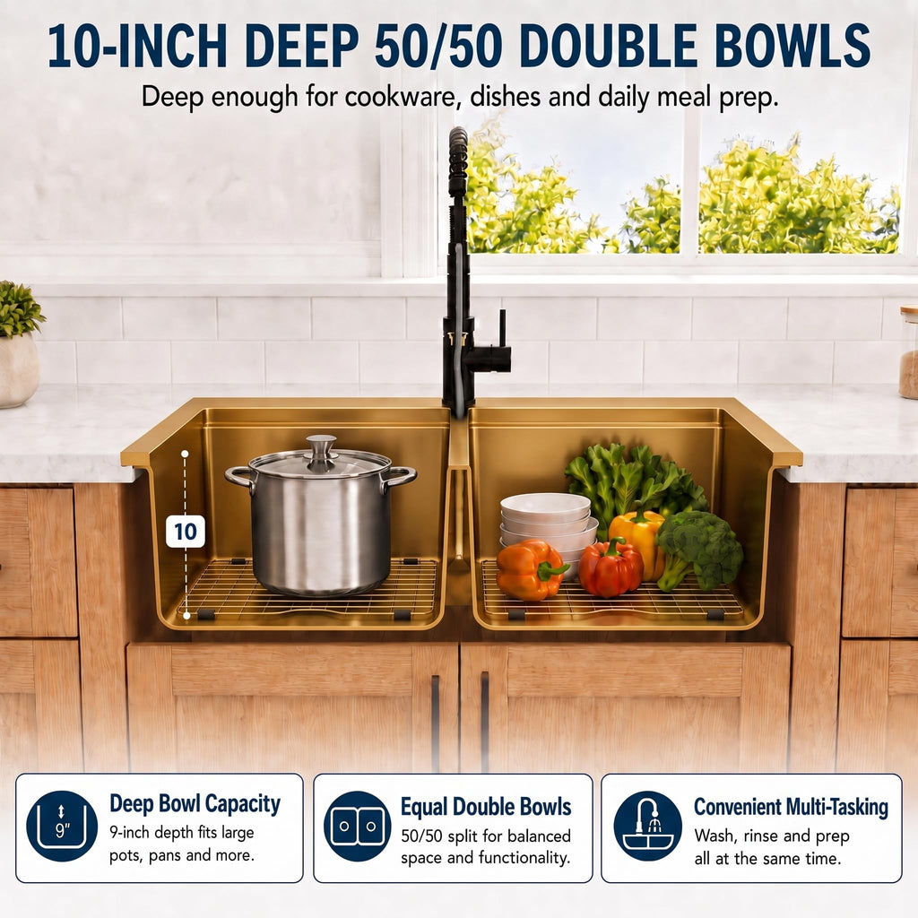 28 Inch Apron Front Farmhouse Double Bowl Gold Kitchen Sink