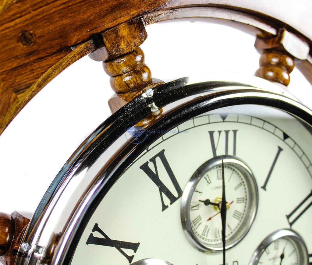 30" Premium Mahogany Crafted Large Nautical Ship's Wheel Times World Clock | Nautical Home Decor & Gifts (30 Inches