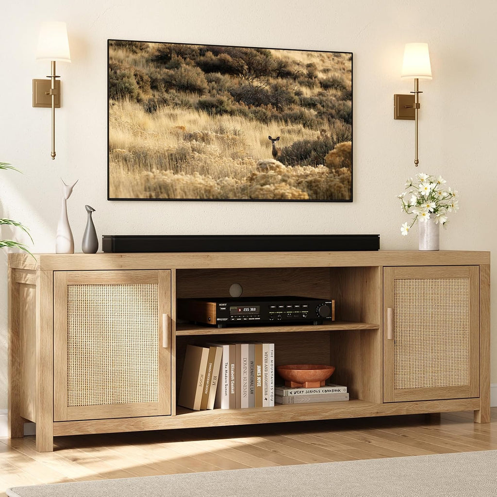 Rattan TV Stand for 75 inch, Boho Entertainment Center with Adjustable Shelves, Natural Oak TV & Media Cabinet 2-Tier