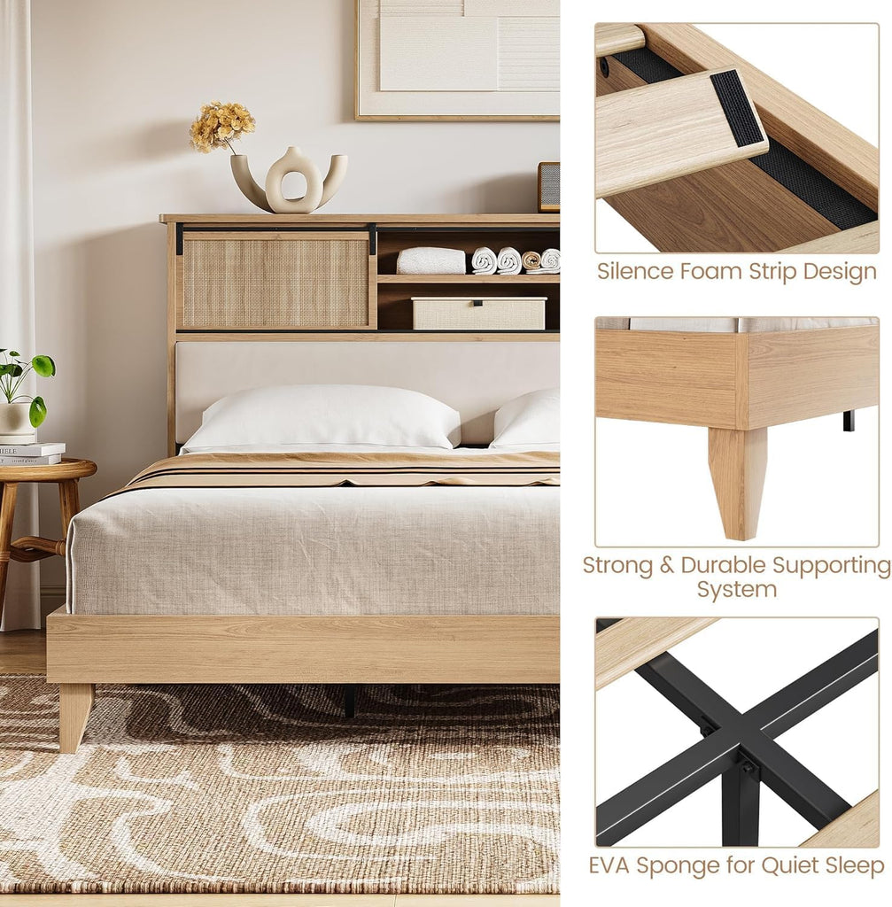 King Size Solid Wood Bed Frame with Bookcase Headboard, Platform Bed