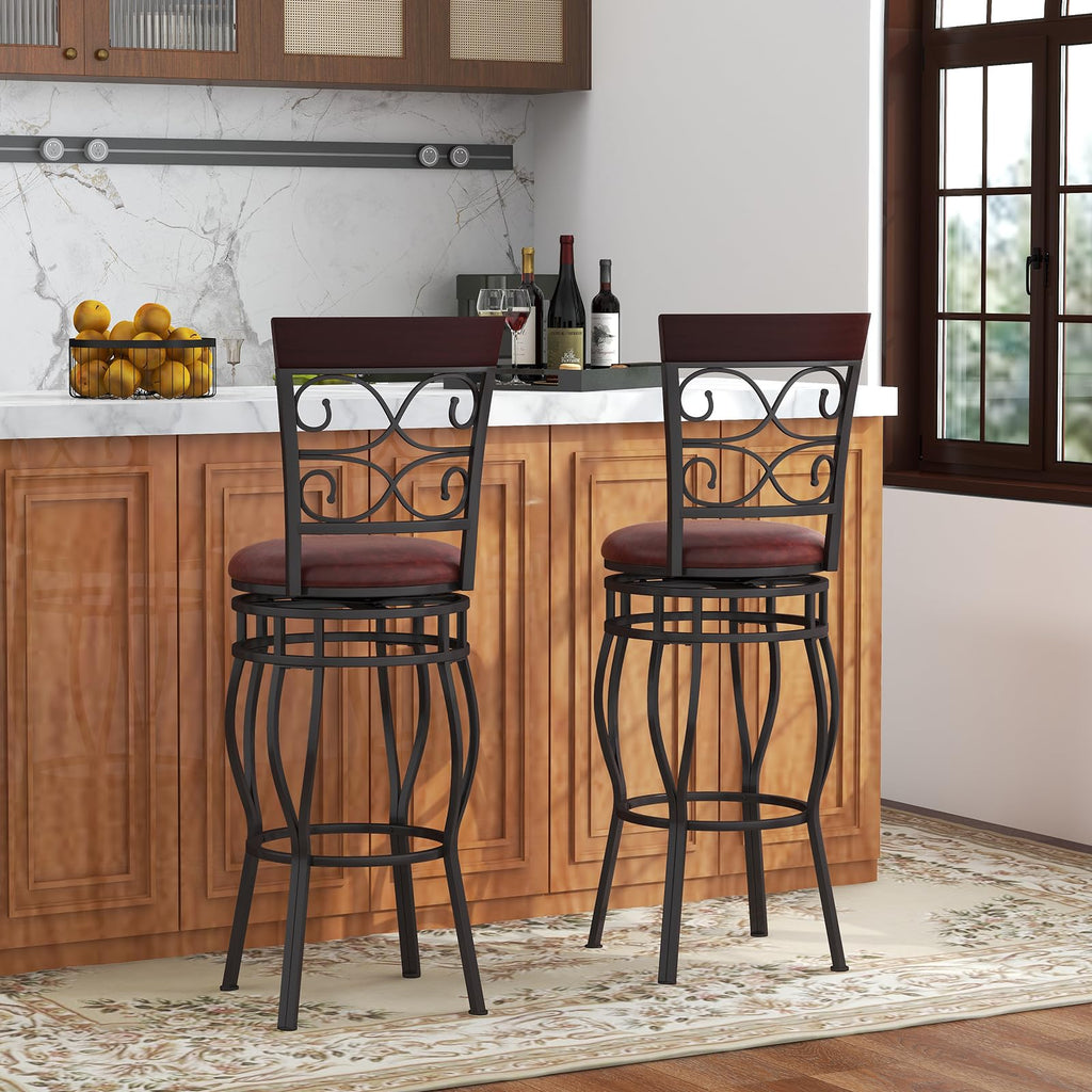 30 Inches Bar Height Bar Stools Set of 4, 360 Degree Swivel Retro Tall Metal Barstools with Leather Padded Seat and