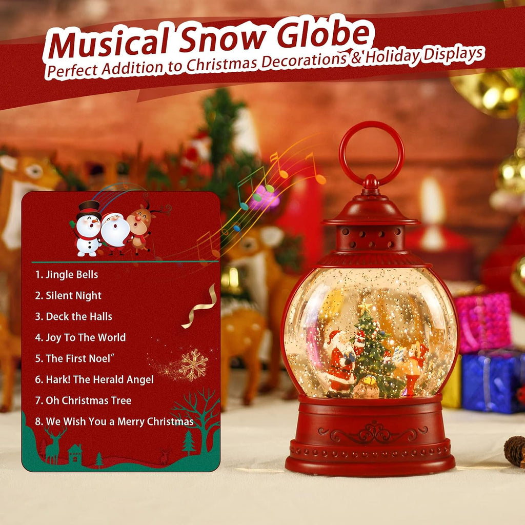 Christmas Snow Globe, Santa Lighted Snow Globes Lantern, 6H Timer, Battery & USB Operated Christmas Tree Snow Globe