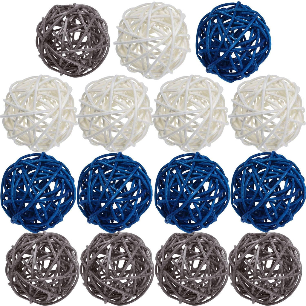 Decorative Wicker Rattan Ball, 1.8 in, Navy Blue Gray White - Set of 15