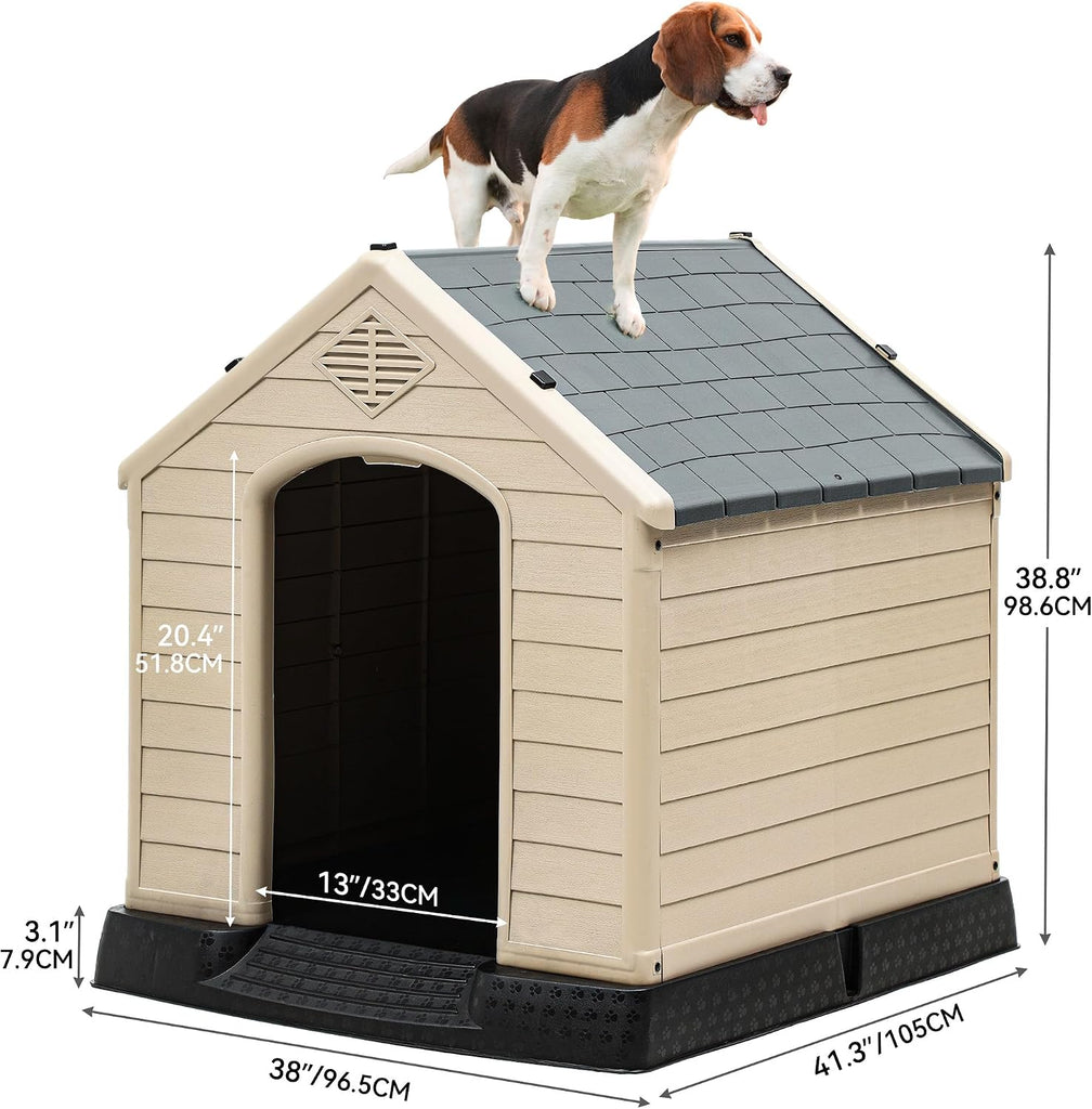 Plastic Dog House, Waterproof Indoor Outdoor Doghouse for Large or Small Dog, with Air Vents and Elevated Floor, Easy