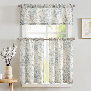 Floral Kitchen Curtains Set Linen Tier Curtains and Valance Farmhouse Drapes for Small Windows