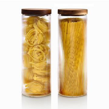 Ribbed Glass Canisters or Spaghetti Jars with Airtight Wood Lid- Tall Storage Containers for Pasta, Cereal or Flour