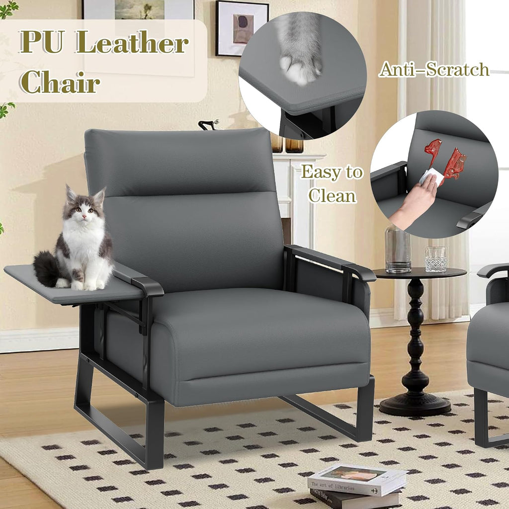 PU Leather Accent Chair Upholstered Armchair with Side Table Grey