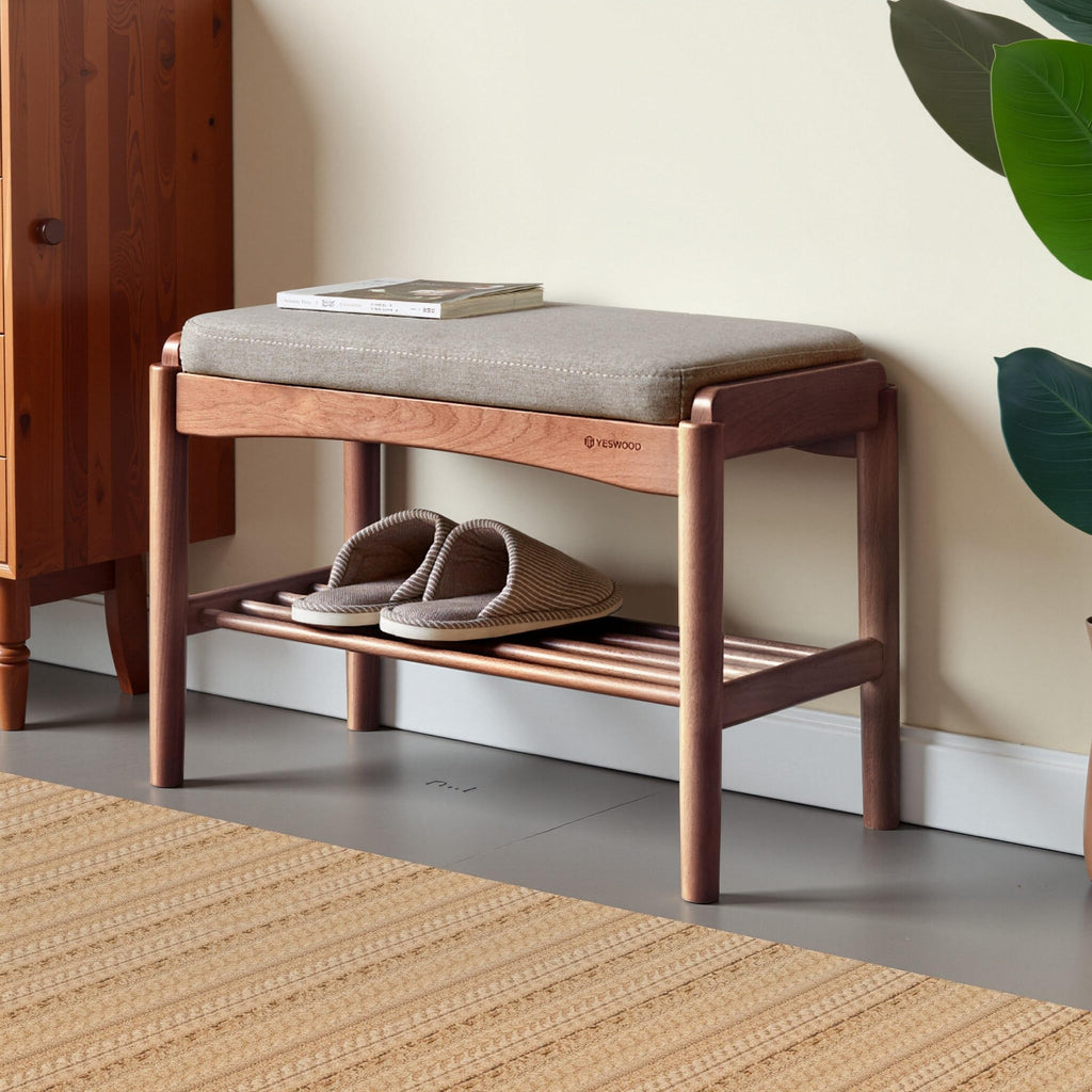 Solid Wood Shoe Bench, 24 Inch Entryway Bench with Gray Cushion