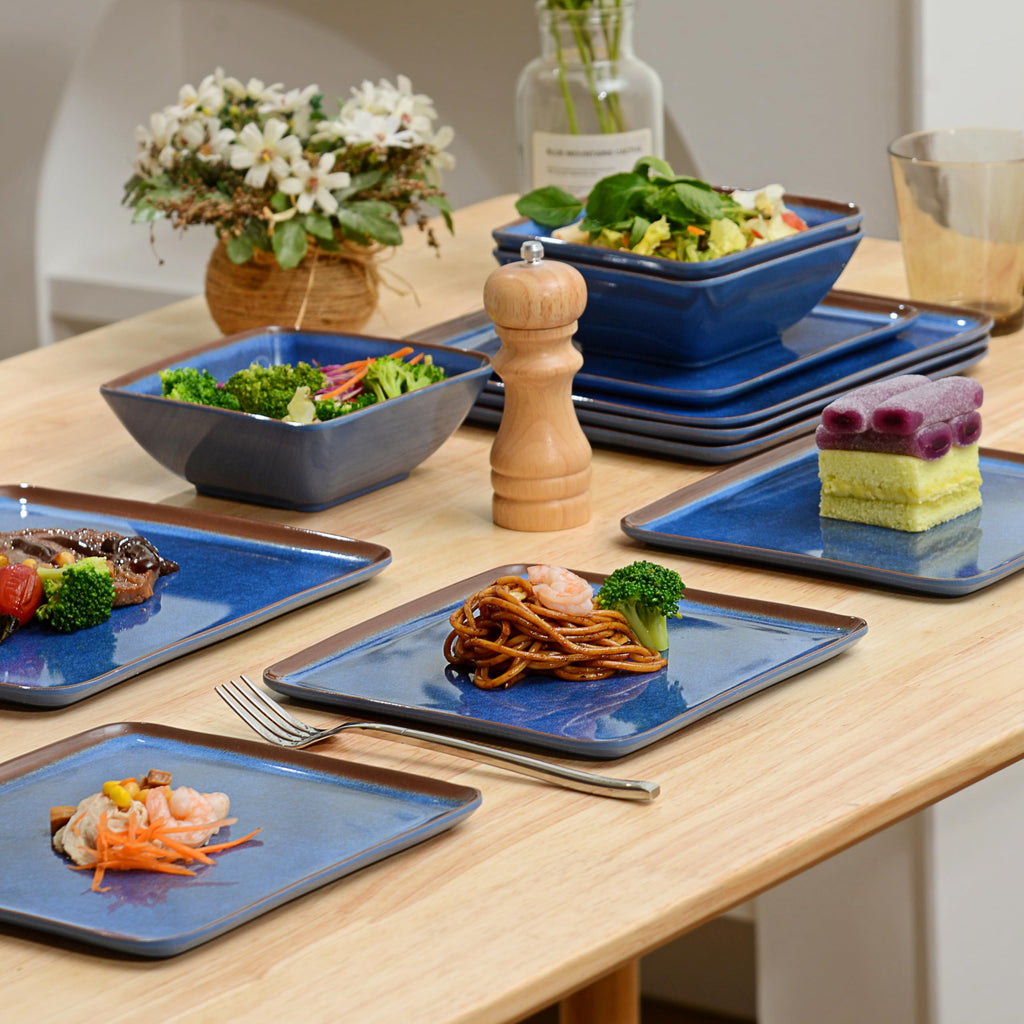 Melamine Dinnerware Set, 12-Piece Blue Square Plates and Bowls for 4