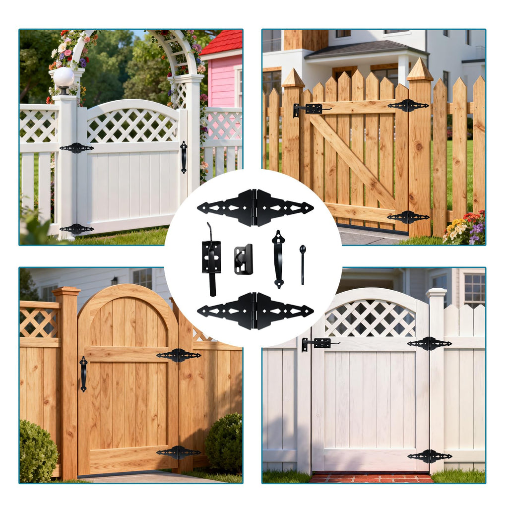 8 Inch Gate Hinge and Thumb Latch Set, Heavy Duty Strap Fence Hinges Hardware Kit, Rustproof Matte Black Steel for