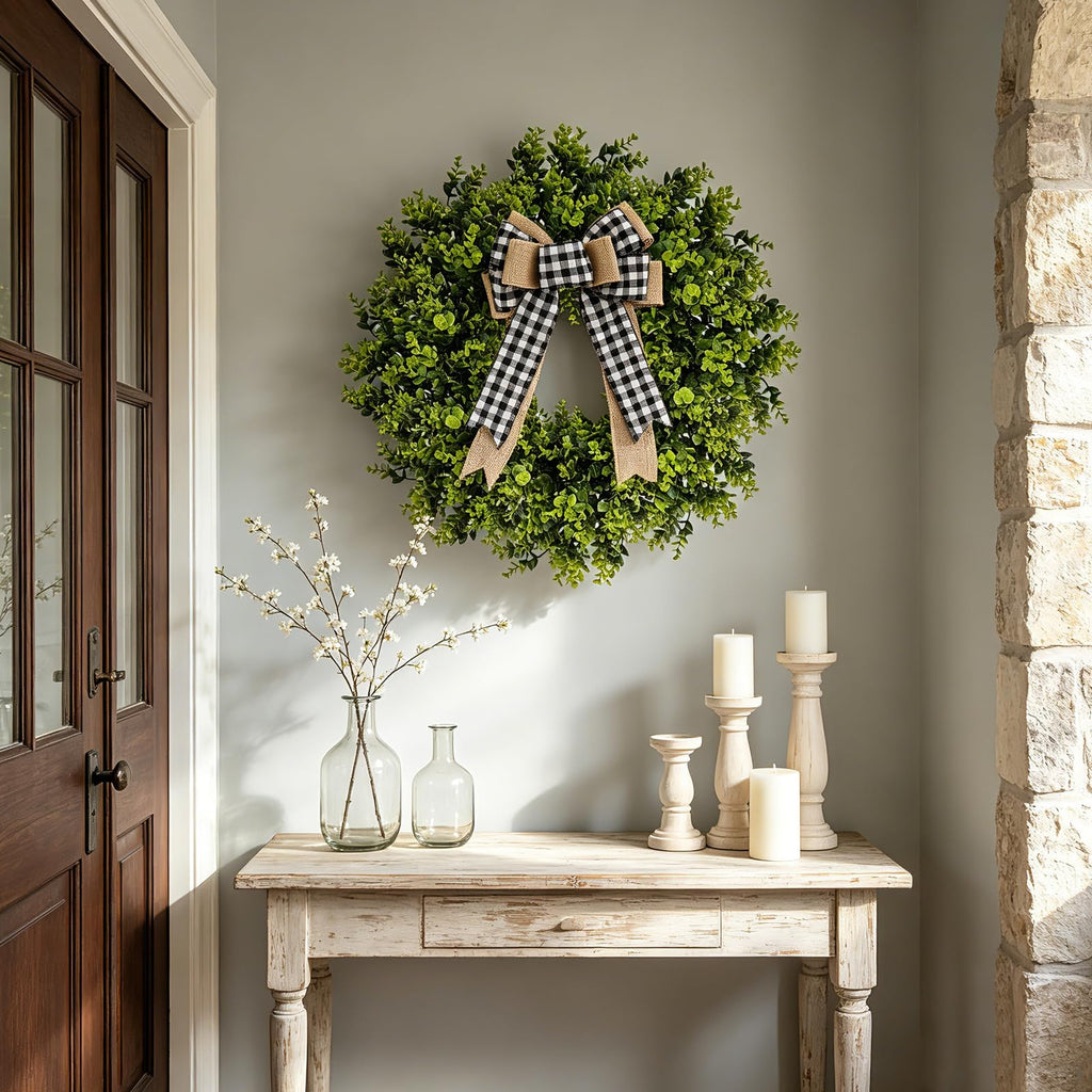 28" Large Boxwood Wreath, All Season Wreaths for Front Door Greenery Wreath with Fabric Plaid Bow for Wall Window