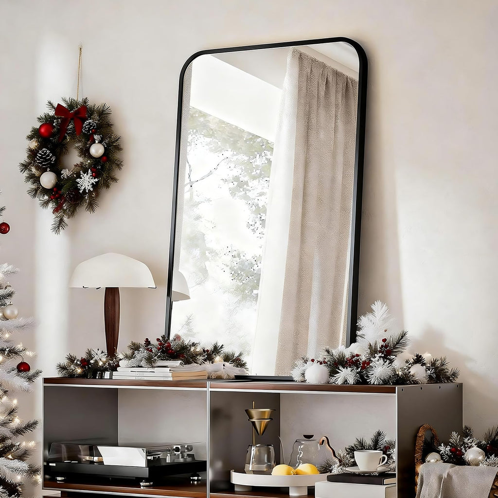 24" x 36" Rectangular Aluminum Alloy Frame Wall Mounted Bathroom Mirror with Rounded Corners, Black