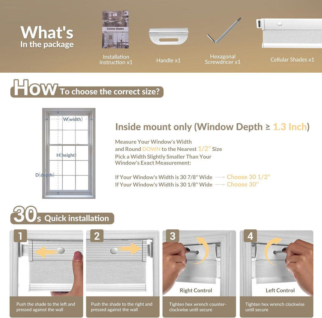 No Drill Cellular Shades for Indoor Windows,White, | Noise Reducing & Thermal Insulating Honeycomb Blinds,Cordless