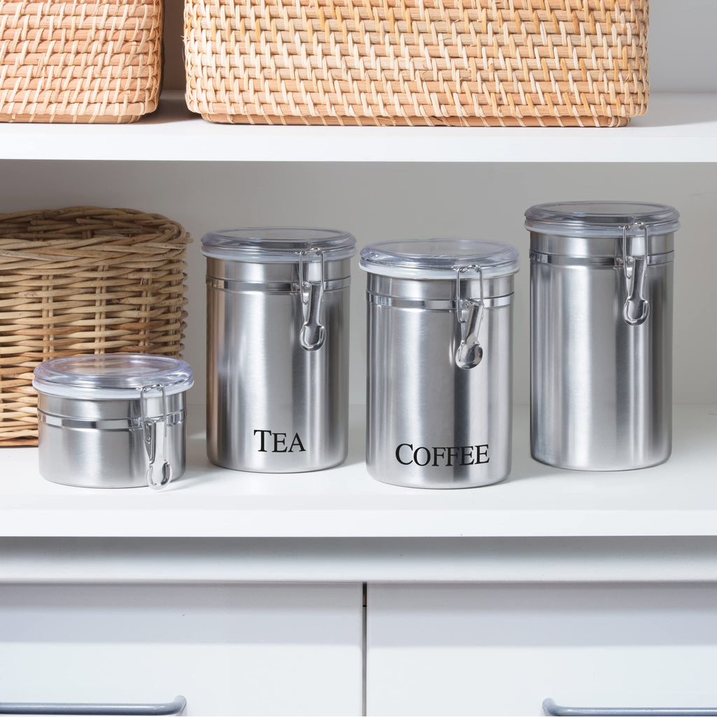 Stainless Steel Tea Canister 62 fl oz - Airtight Clamp Lid, Clear See-Thru Top - Ideal for Tea Bag, Loose Tea