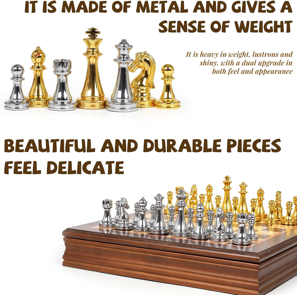 12-Inch Metal Chess Set with Wooden Board for Kids and Adults, Gold & Silver Chess Pieces, Portable Small Chess Board