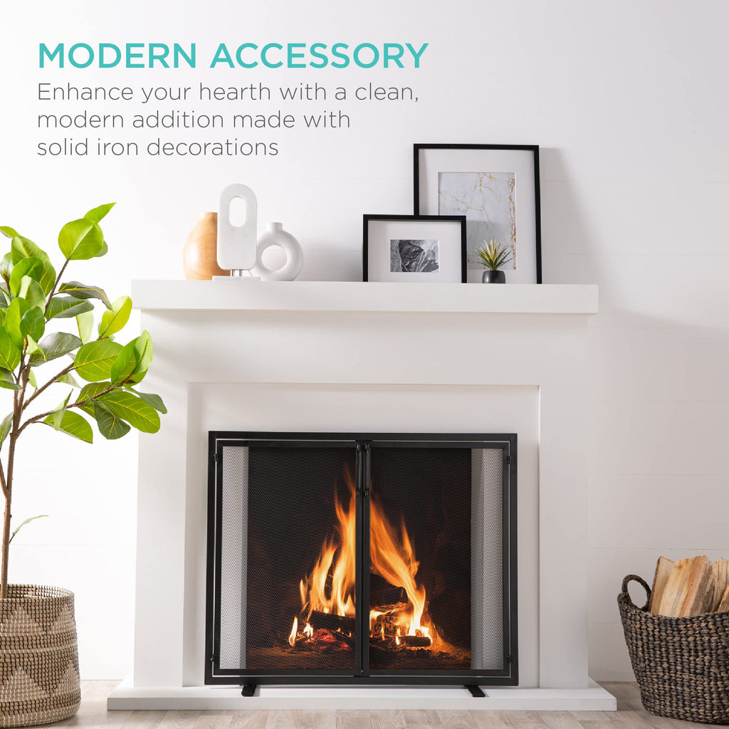 38.5x31in 2-Door Fireplace Screen, Handcrafted Wrought Iron Decorative Mesh Geometric Fire Spark Guard w/Magnetic
