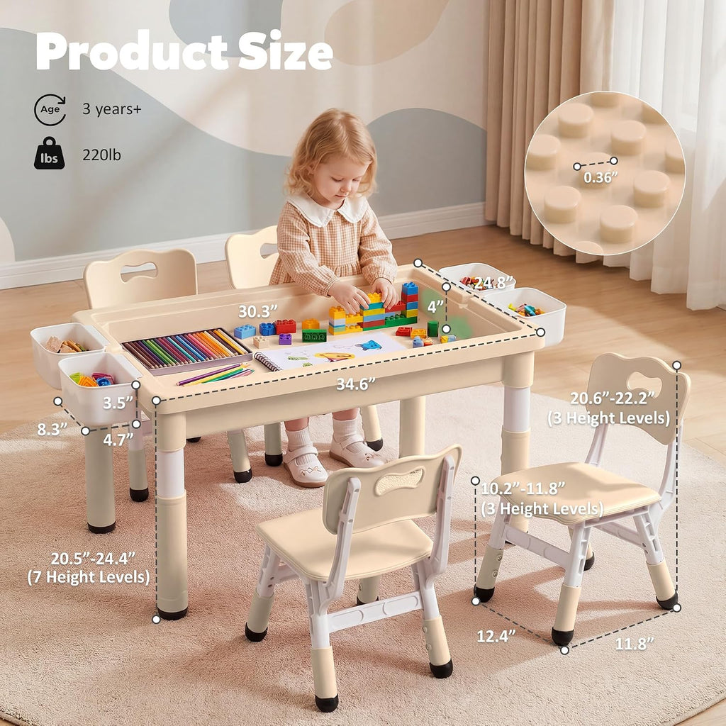 Kids Table and Chairs Set Large Storage, Height Adjustable
