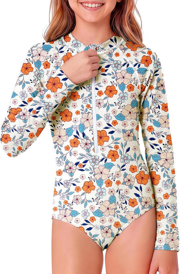 Girls Long Sleeve Swimsuit Rash Guard One Piece Zip