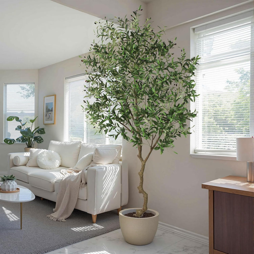 Faux Olive Tree 8ft, Large Realistic Silk Olive Trees Artificial Indoor with Natural Wood Trunk & Lifelike Fruits
