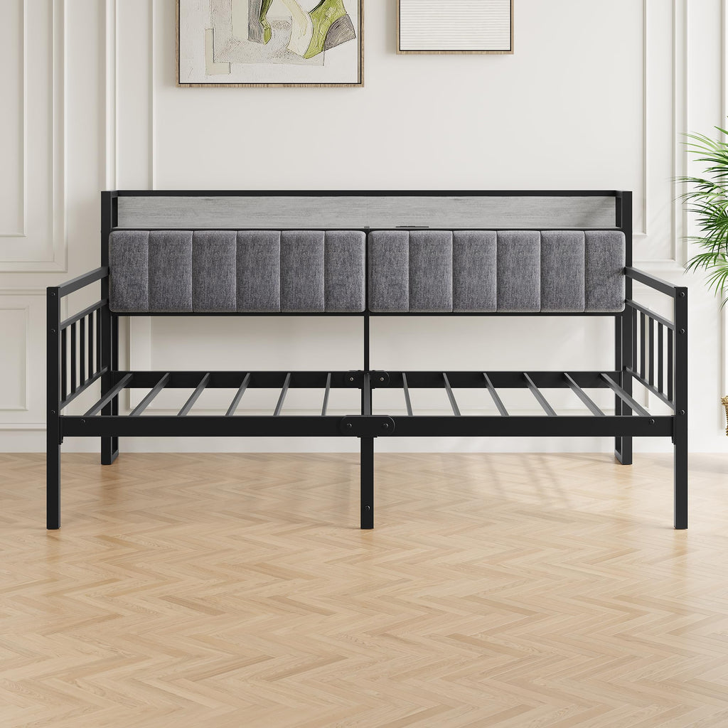 Metal Daybed Frame Twin Size with Charging Station, Metal Twin Bed Frame with Upholstered Headboard with Strong Steel