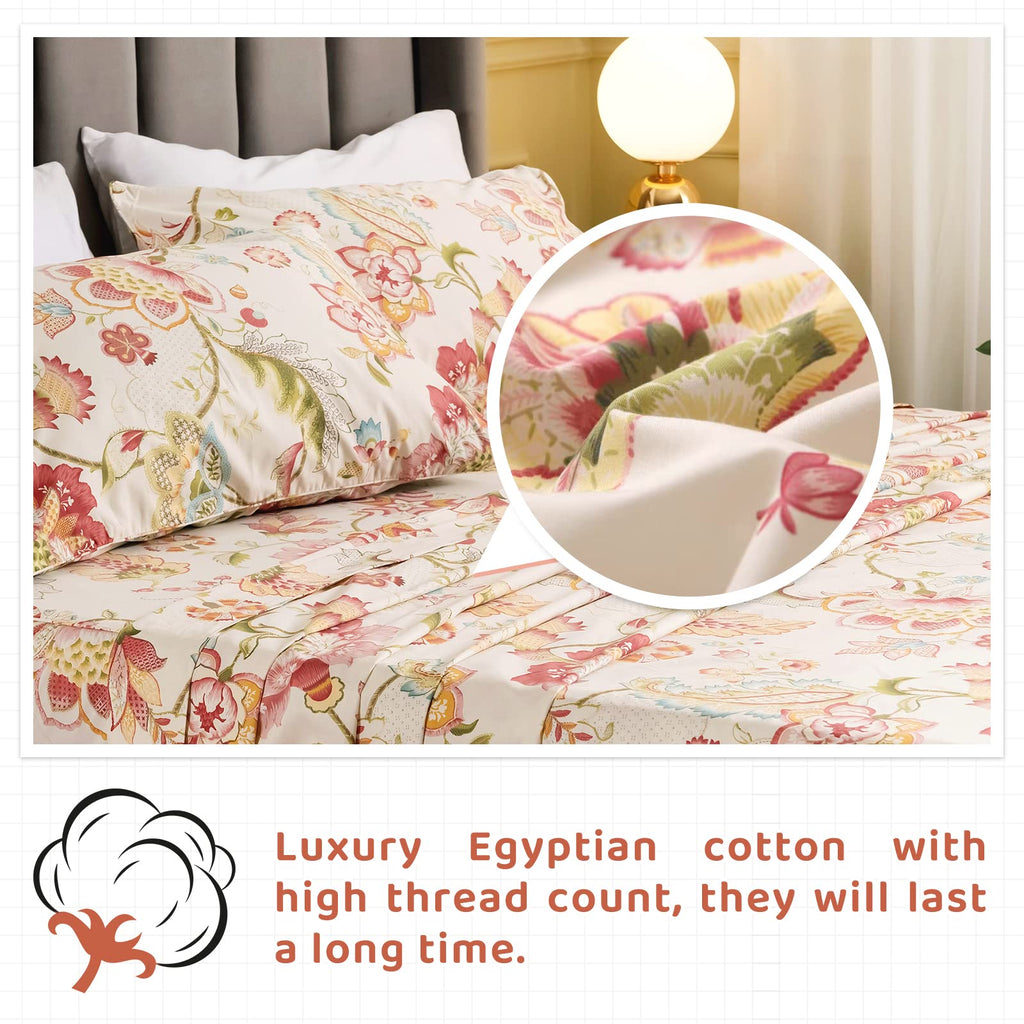 Floral Bed Sheets Set - Boho Lotus Print Bed Sheet Set - Extra Soft and Breathable 100% Egyptian Cotton
