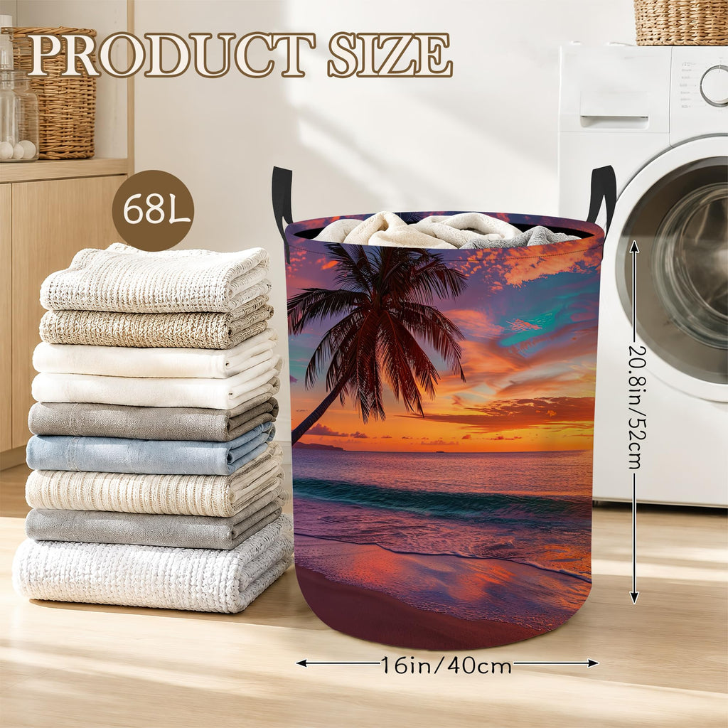 Hamper, Tropical Beach Collapsible Sunset Palm Laundry Baskets Waterproof Oxford Cloth With Handles, Clothes Storage