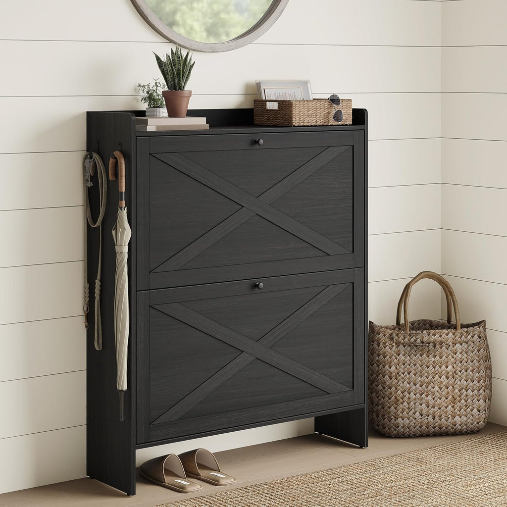 Shoe Storage Cabinet Organizer with 2 Flip Drawers, Freestanding Narrow Shoe Rack Cabinet , Farmhouse Style, Fits 14
