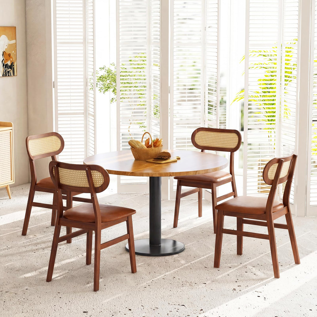 Wooden Dining Chairs Set of 2, Mid-Century Modern Kitchen Chairs with Upholstered Seat & Rattan Backrest, Faux