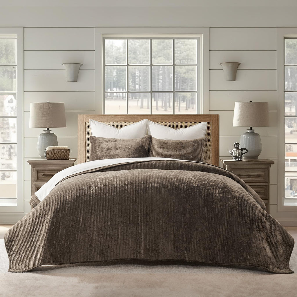 Striped Channel Velvet Quilt Set, Mushroom Brown