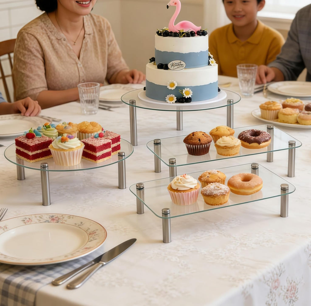 Tempered Glass Cake Stands Set 9 11 13 Inch Dessert Display Riser - Set of 6