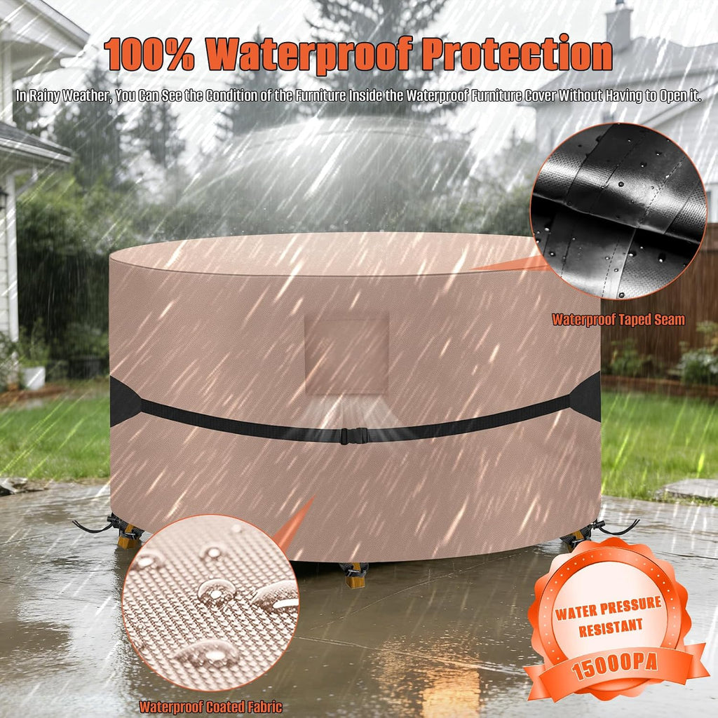 Round Patio Table Cover 84" DIAx28 H, 600D Waterproof, Khaki | 600D Tear Resistant for Outdoor Dining Table and