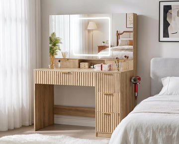 Vanity Desk with 3-Way Mirror and Lights, Makeup Vanity with 360° View Mirror, 3 Lighting Modes, 6 Drawers,Storage