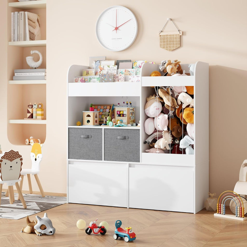 Kids Bookshelf, Stuffed Animal Storage with Play Mat, Wooden Toy Storage Organizer with 2 Movable Drawers and 3 Tier