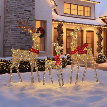 3-Piece Pre-Lit Animated Deer Family Set (72" Buck, 60" Doe, 42" Fawn) - Gold Twisted Foil Christmas Yard Decor