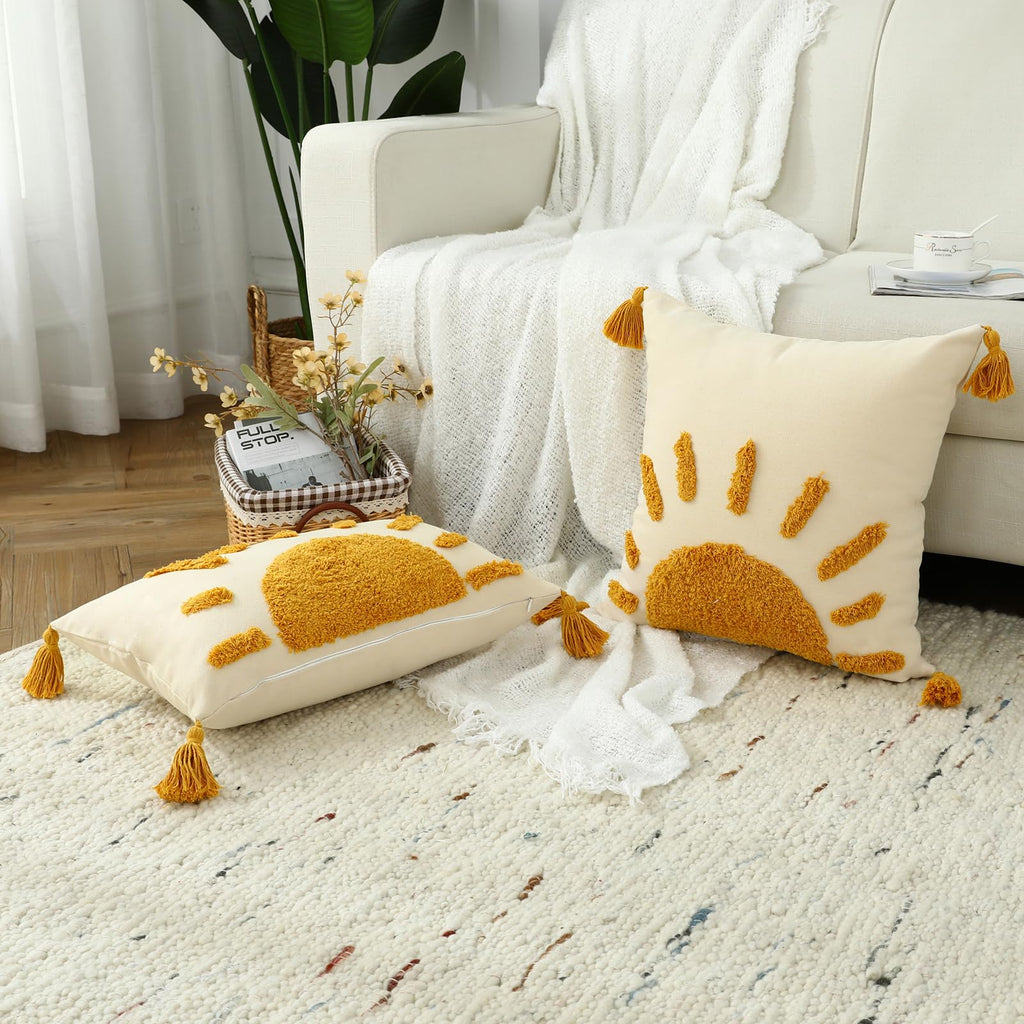 Boho Throw Pillow Covers 18x18, Woven Tufted Sun Decorative Pillow Covers with Tassels Moroccan Modern Pillowcase for
