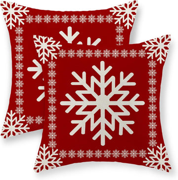 Christmas Pillow Covers - 20x20 Winter Snowflake Pillowcases - Red Throw Pillows - Farmhouse Holiday Linen - Set of 2