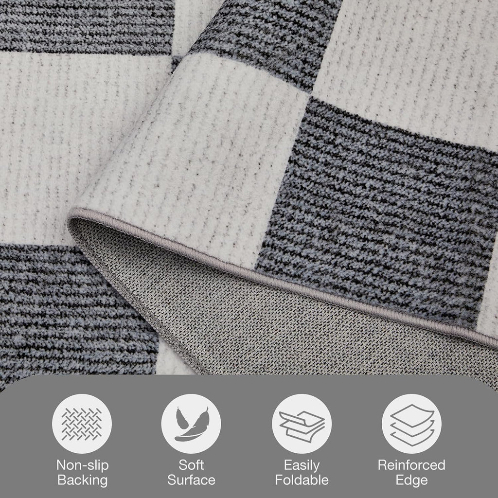 Washable Rug 5x7 ft Checkered Rug, Grey and White Area Rug, Boho Large Rugs, Low Pile Lightweight Indoor Carpet with