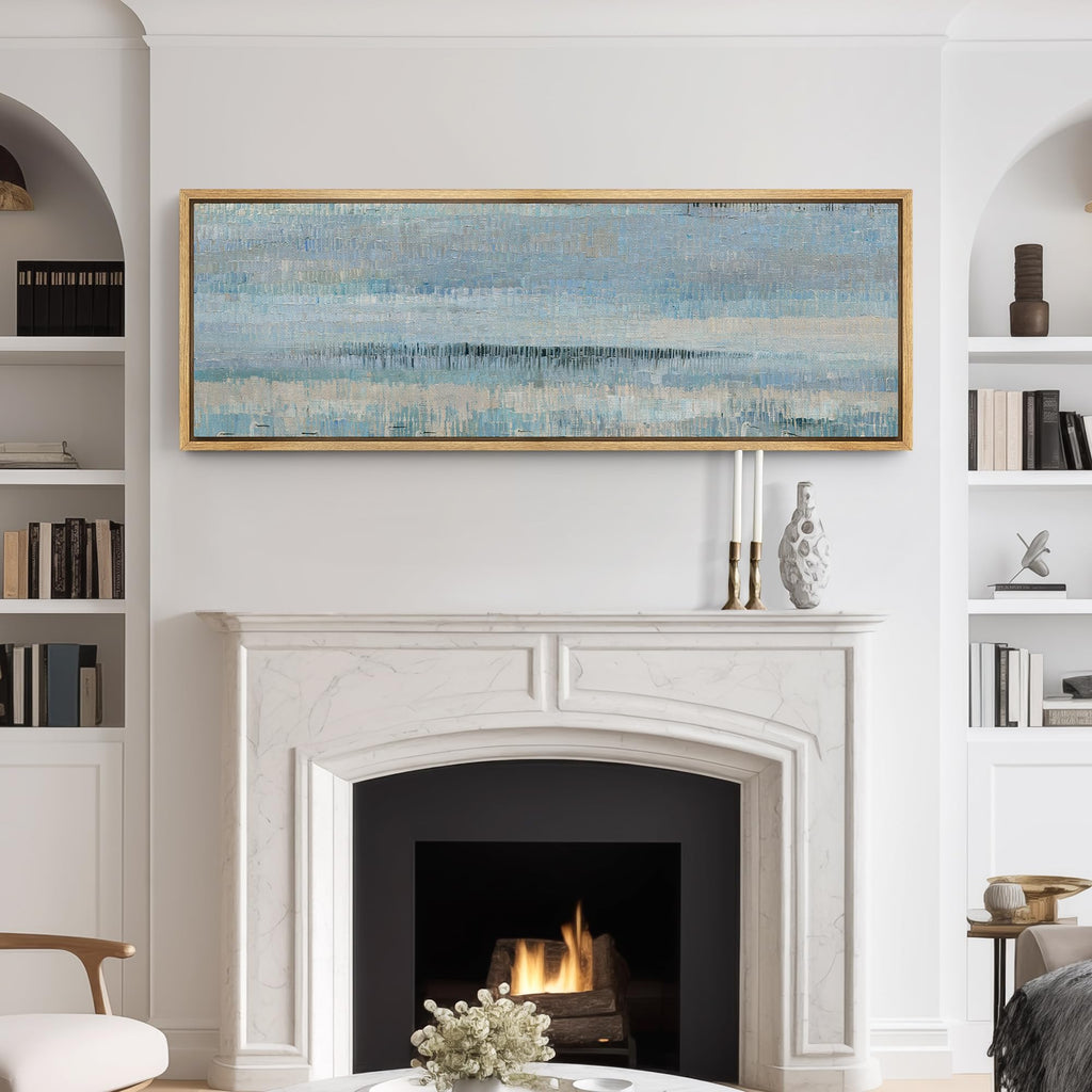 Large Framed Canvas Print Wall Art Horizontal Blue Abstract Seascape Illustrations Modern Art Relax/Calm Warm Office
