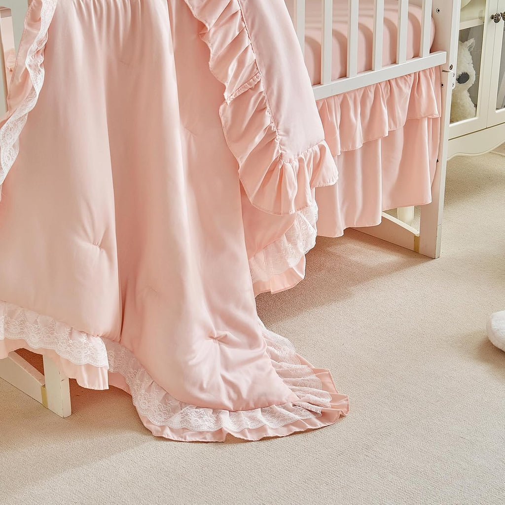Lace Ruffle Crib Bedding Set 3 Pieces Baby Boho Lace Quilted Comforter with Fitted Sheet and Bed Skirt - Cute Ruffled