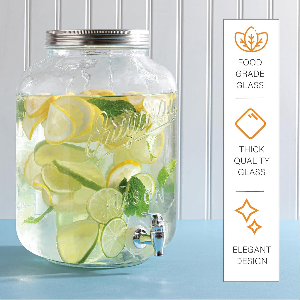 GALLON - 2 PACK for Parties, Mason Jar Beverage Dispensers with Metal Stand, Glass Water Dispenser with Spigot - Set of 2