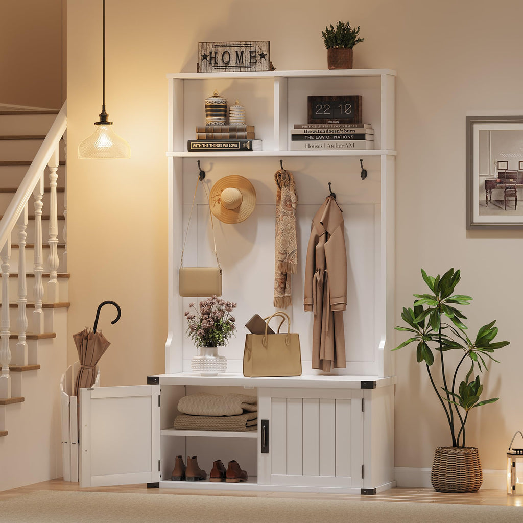Hall Tree with Bench and Shoe Storage, 77" Tall Farmhouse Entryway Bench with Coat Rack and Mudroom Organizer