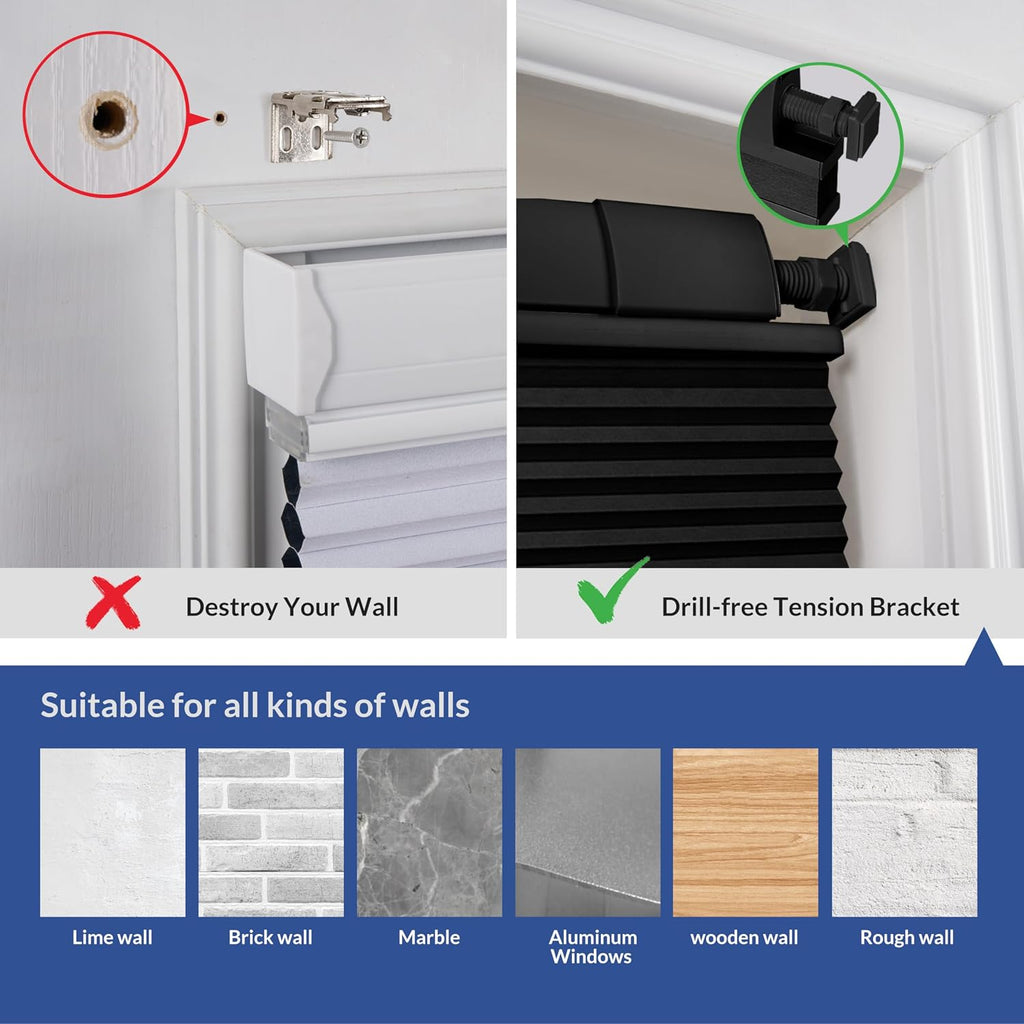 No Drill TDBU Cellular Shades for Windows,Black,21" W x 64" H